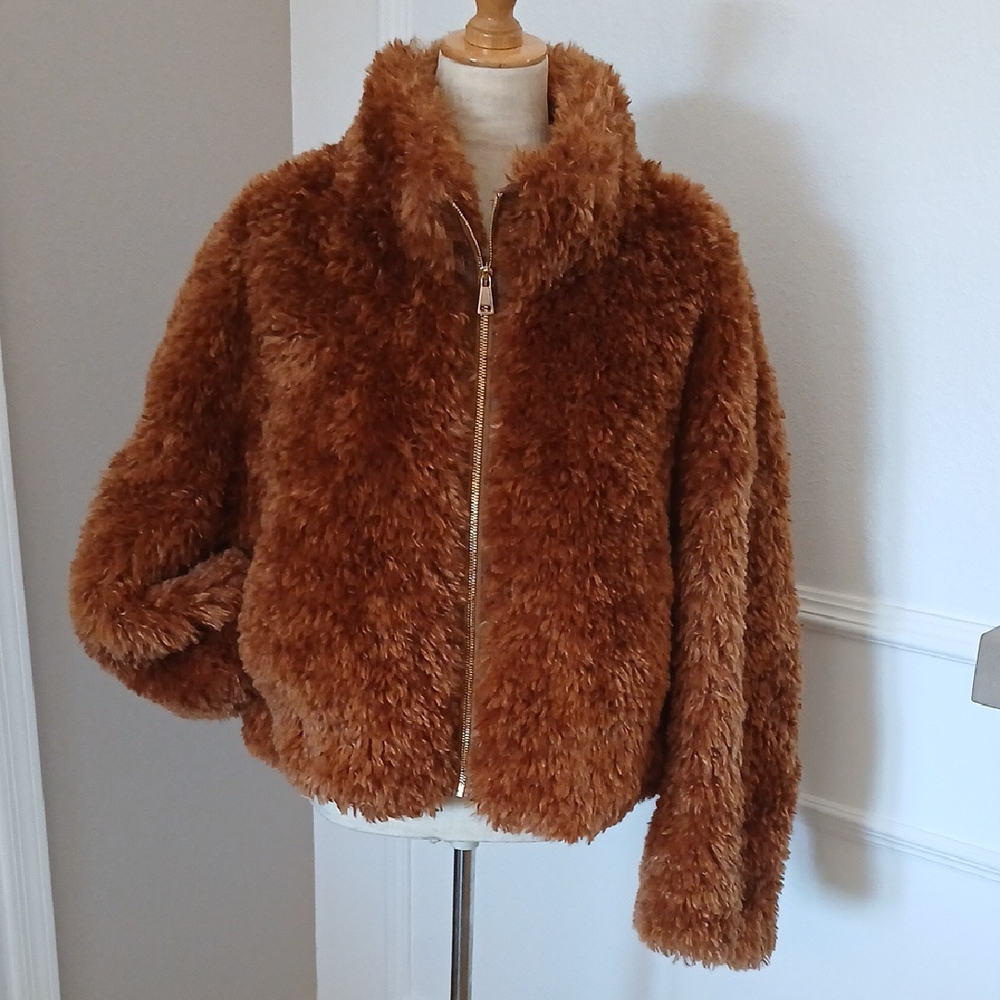 Maeve by Anthropologie Boxy Toffee Teddy Faux Fur Jacket